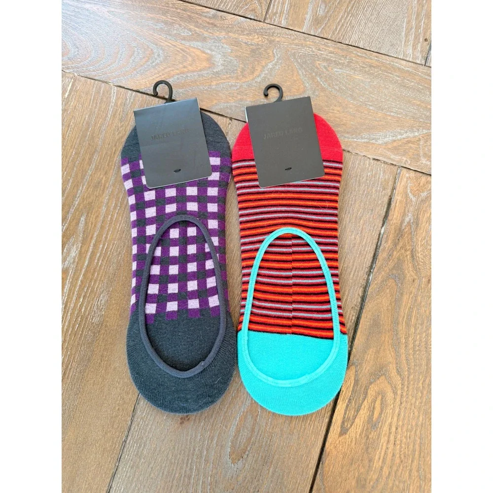 Jared Lang No Show Socks Mens Multicolor Gingham Striped 2‎ Pair Pack OS